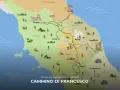 Mappa illustrata del Cammino di Francesco, che mostra i sentieri spirituali in Italia da Rimini ad Assisi, Rieti e oltre.