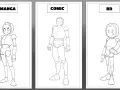 Trois dessins de personnages robotiques, style manga, comic et BD. Un dessin difficile personnage pour chaque style.