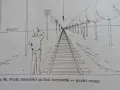 Rysunek przedstawia tory kolejowe biegnące w dal, z drzewami po jednej stronie i słupami telegraficznymi po drugiej. Perspektywa rysunku podkreśla punkt zbieżności na linii horyzontu.
