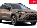 Brązowy Toyota Corolla Cross Hybrid z napisem "NOWOŚĆ" na czerwonym tle.