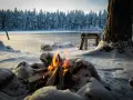 Ein Lagerfeuer wärmt beim Zelten im Winter am gefrorenen See. Schnee bedeckt die Ufer und den Wald im Hintergrund.
