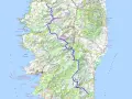 Carte du GR20 en Corse, traversant des montagnes comme le Monte Cinto et le Monte Rotondo, longeant des golfes et des rivières.