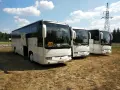 Trzy białe autokary, jeden z otwartymi drzwiami, stoją na trawie pod błękitnym niebem. Na przedniej szybie jednego z nich widnieje znak "autobus 5".