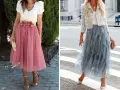 Dos looks para combinar falda midi de tul: una rosa con top blanco y flores, otra azul con chaqueta tweed.