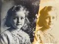 Un portrait d'enfant, divisé en deux. À gauche, une version plus nette, à droite, une version sépia à restaurer photo.