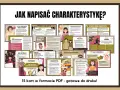 Zestaw 15 kart PDF z poradami, jak napisać charakterystykę postaci. Zawiera przykłady, jak opisać wygląd, cechy charakteru, relacje i zachowanie.