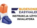 Pomarańczowo-biały inhalator budesonide easyhaler z niebieską nakładką. Obok logo i napis "Instrukcja użycia inhalatora".