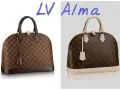 Dwie torebki Louis Vuitton Alma: jedna w kratę Damier Ebene, druga z monogramem.