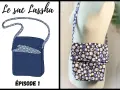 Le sac Lassha, un projet de couture facile. Illustration et photo d'un sac bandoulière bleu avec doublure à fleurs et tissu à pois.
