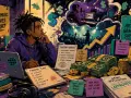 Ein junger Künstler plant seine Karriere. Das A&R-Meaning (Artist & Repertoire) wird durch Förderquellen, Grant-Anträge und die Botschaft "Great Music Deserves Support" verdeutlicht.