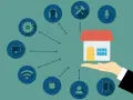 Dom podłączony do sieci, sterowany przez GUI. Ikony symbolizują urządzenia i funkcje: słuchawki, narzędzia, mikrofon, komputer, Wi-Fi, chip, użytkownik, smartfon.