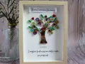 Albero di quilling colorato, con la scritta "Prima Comunione Gianmarco" e la dedica "I migliori frutti nascono dalle radici più profonde".
