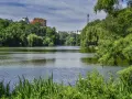 Grüne Ufer und ein ruhiger See am Lietzensee Berlin. Im Hintergrund ragen Gebäude und ein Fernsehturm auf.