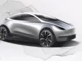 Szkic srebrnego samochodu elektrycznego Tesla z nowoczesnym designem na tle abstrakcyjnych kształtów.