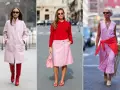Tre donne sfoggiano un outfit rosa e rosso: cappotto rosa con stivali rossi, maglia rossa con gonna rosa, e abito rosa con maglia rossa legata in vita.