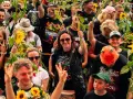 Uśmiechnięci ludzie z słonecznikami na jednym z 3 festiwali muzycznych w Polsce. Radość i pokój na twarzach.