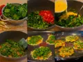 Förberedelse av torrejas salvadoreñas: färsk spenat, hackad tomat, salladslök och ägg blandas och steks gyllene i panna.