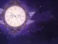 Zegar z anielskimi skrzydłami wskazuje 21:21. To magiczne 21 21 znaczenie, czas pełen tajemnic i możliwości, na tle gwieździstego nieba.