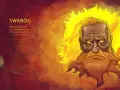 Swaróg, bóg słońca, w płomieniach. Obok pióro, symbol innych legend słowiańskich, jak kwiat paproci.