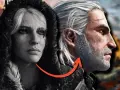 Ciri y Geralt, ¿preparando el camino para The Witcher 4? Un vistazo a sus rostros, uno en blanco y negro, el otro con un paisaje épico de fondo.