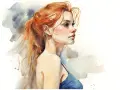 Composition aquarelle d'une jeune femme aux cheveux roux, regardant de profil, avec des touches de bleu et de gris en arrière-plan.