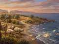 Ein Hirte mit Schafen am Meer, wo Schriftrollen wie Lichter auf dem Wasser treiben, eine Szene inspiriert von Epheser 1.