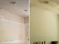 Before and after images show how to finish drywall, transforming a rough, unfinished wall into a smooth, painted surface.