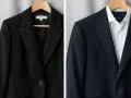 Czarny żakiet z ozdobnym szwem i granatowa marynarka z białą koszulą. Dwa eleganckie okrycia wierzchnie.