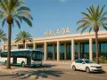Autobus i biały samochód przed budynkiem lotniska Malaga. Idealne miejsce na rozpoczęcie podróży i tanie malaga loty.