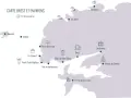 Carte stylisée de Brest et ses environs, montrant des lieux comme Ouessant, Molène, Le Conquet, Brest, et la Presqu'île de Crozon.