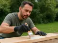 Uomo con guanti applica una mano di vernice bianca su un asse di legno grezzo, un passo essenziale nel trattamento legno grezzo per proteggerlo e abbellirlo.