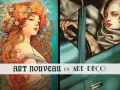 Comparaison entre l'art nouveau et l'art déco : une femme à la couronne de fleurs et une autre au volant d'une voiture.