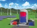 Windräder und Solarpaneele speisen einen Wärmespeicher, der thermische Energie für eine Wärmepumpe und ein Kraftwerk liefert.