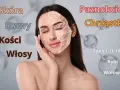 Kobieta z geometrycznym wzorem na twarzy, otoczona słowami: Skóra, Stawy, Kości, Włosy, Paznokcie, Chrząstki. Kolagen właściwości dla całego ciała.