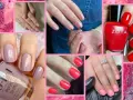 Manicure con unghie squoval in tonalità nude, rosa e rosso vivace. Smalti OPI e Zoya.