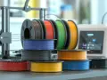 Spools of colorful 3D printer filament, including red, yellow, blue, black, orange, and green, are neatly stacked and arranged. These filaments are essential for creating the strongest 3D prints.
