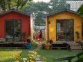 Deux petites maisons colorées, rouge et jaune, dans un jardin fleuri. On peut mettre 2 abris de jardin de 5m2 côte à côte, comme ici.