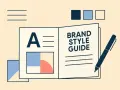 Guía de estilo de marca con la letra "A" y paletas de colores. Las reglas de escritura son claras en este manual.