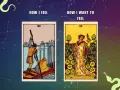 Dos cartas del tarot Rider: la Izquierda, "Cómo me siento", muestra el Seis de Espadas. La derecha, "Cómo quiero sentir", muestra el Nueve de Oros.
