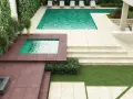 Elegante suelo de terraza exterior con piscinas, césped y escaleras.