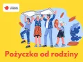 Rodzina świętuje pożyczkę od bliskich. Trzymają banknot i monety, symbolizując wsparcie finansowe.