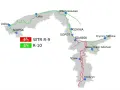 Mapa tras rowerowych WTR R-9 (czerwona) i R-10 (zielona), w tym fragmentów EuroVelo 4, łączących miasta od Ustki po Kwidzyn.