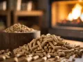 Un mucchio di pellet di legno su un tavolo, con un camino acceso sullo sfondo. L'immagine evoca il tema dell'andamento prezzo pellet.