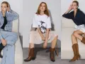 Tres mujeres posan con diferentes atuendos. La de la izquierda lleva vaqueros y una chaqueta vaquera con botines negros. La del centro, falda de encaje y camiseta gráfica con botines marrones. La de la derecha, falda blanca y camisa vaquera oscura con ...