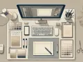 Biurko grafika: monitor, klawiatura, myszki, tablet graficzny, próbki kolorów, lampka. Idealne miejsce do pracy nad wzornictwem.