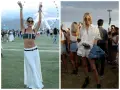 Dwie kobiety w stylizacjach na festiwal. Jedna w białej, zwiewnej sukience i czarnym topie, druga w białej, ażurowej koszuli i szortach.