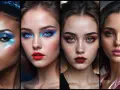 Quattro volti con trucco audace: blu elettrico, rosso acceso, bordeaux e rosa. Un omaggio al trucco anni 70.
