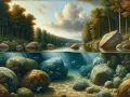 Paysage aquatique montrant comment peindre la transparence de l'eau, avec des rochers, des poissons et une forêt luxuriante.