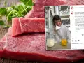 Surowe mięso na drewnianym blacie, obok zielone zioła. W tle zdjęcie mężczyzny z słoikami mleka i jajek, który eksperymentuje z dietą.