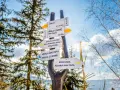 Rozdroże szlaków turystycznych. Widać drogowskazy do Wisły Czarnej, Skoczni Adama Małysza i Wisły Malinka.